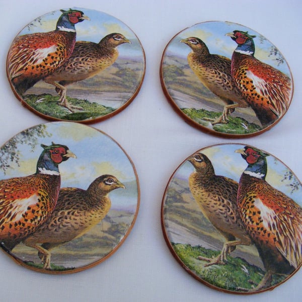 Set of 4 Round wooden decoupaged Pheasant Coasters