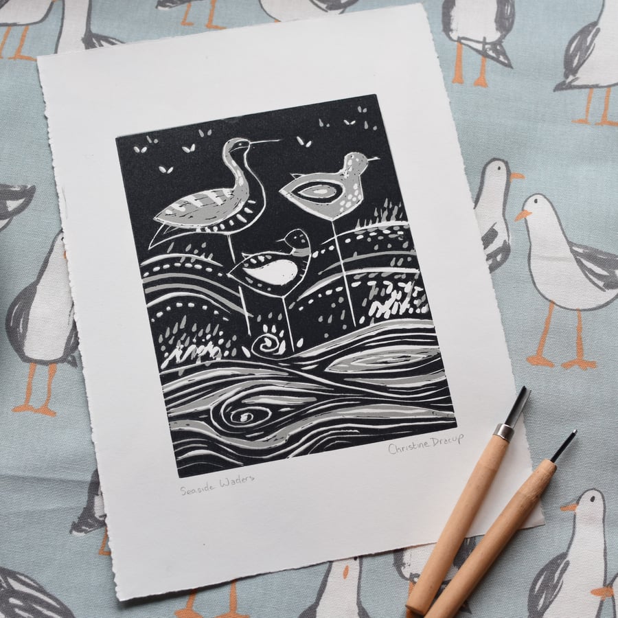 Seaside Waders-Original linocut print by Artist and Printmaker Christine Dracup