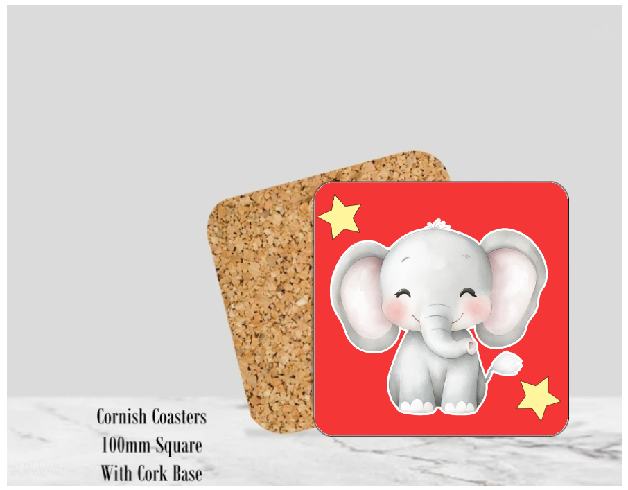Baby Elephant Red Coaster 4" Square With Cork Base