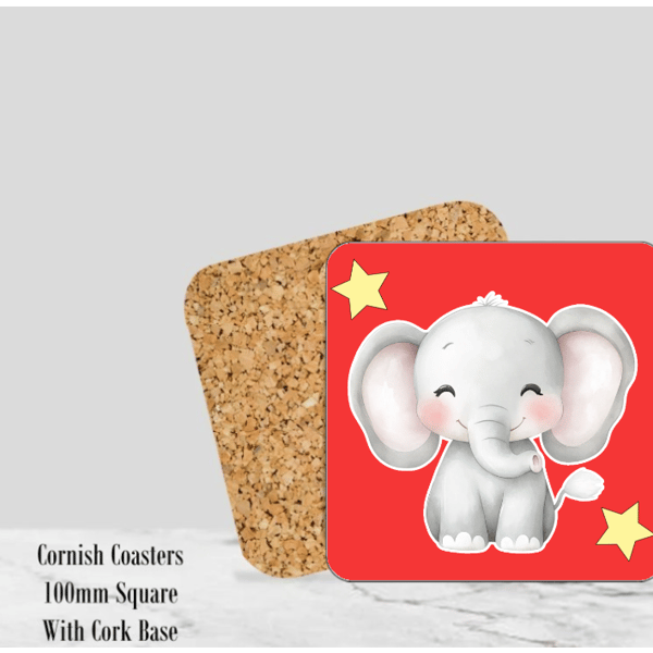 Baby Elephant Red Coaster 4" Square With Cork Base