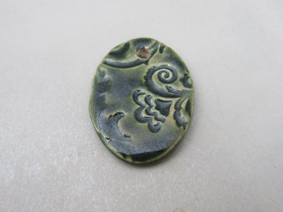 Large Forest Green Brocade Ceramic Pendant