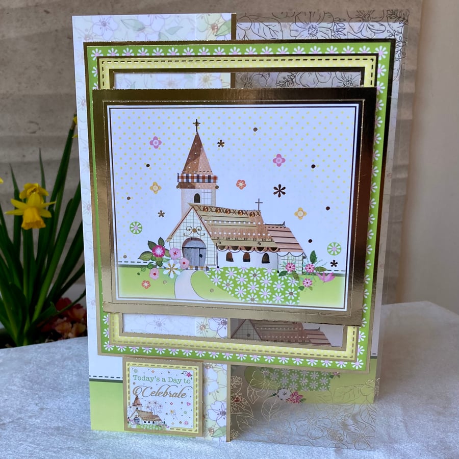 Happy Easter. Easter Card. Religious Easter Card featuring a Church with flowers