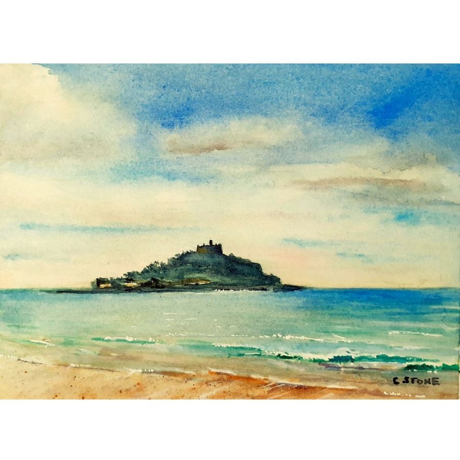 St Michaels Mount Cornwall Original Watercolour Painting Mounted