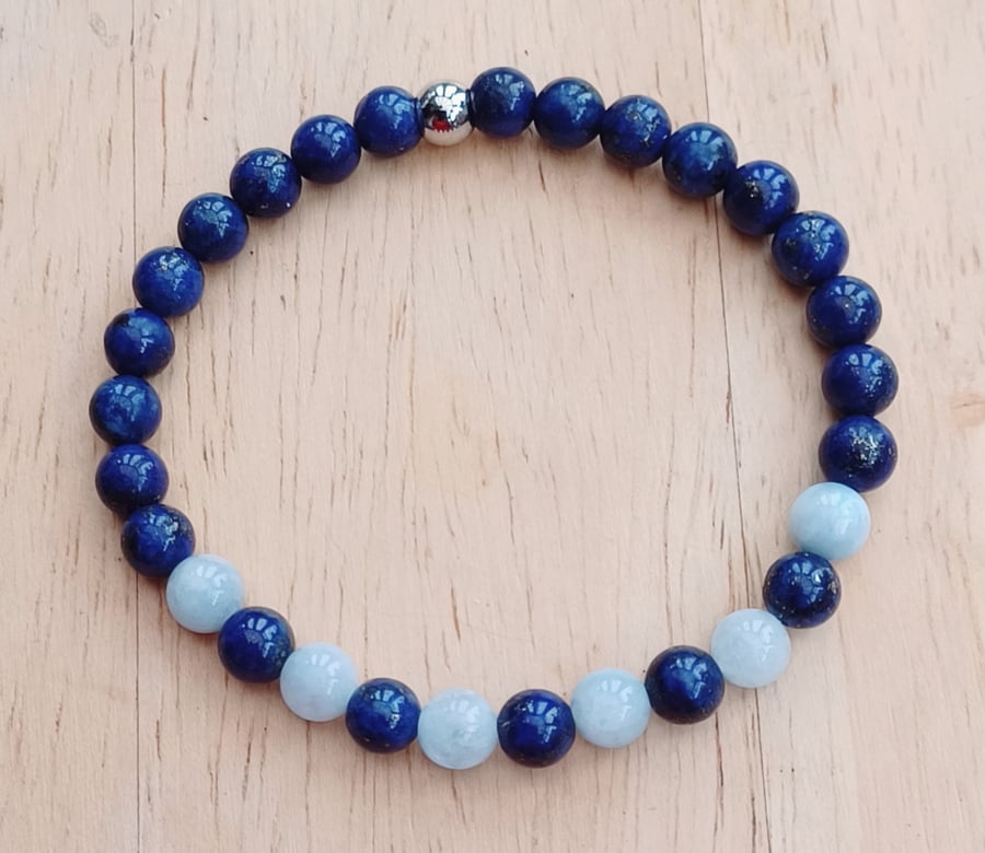 6mm Lapis Lazuli & Blue Lace Agate Beaded Stretch Bracelet, Taurus Birthstone