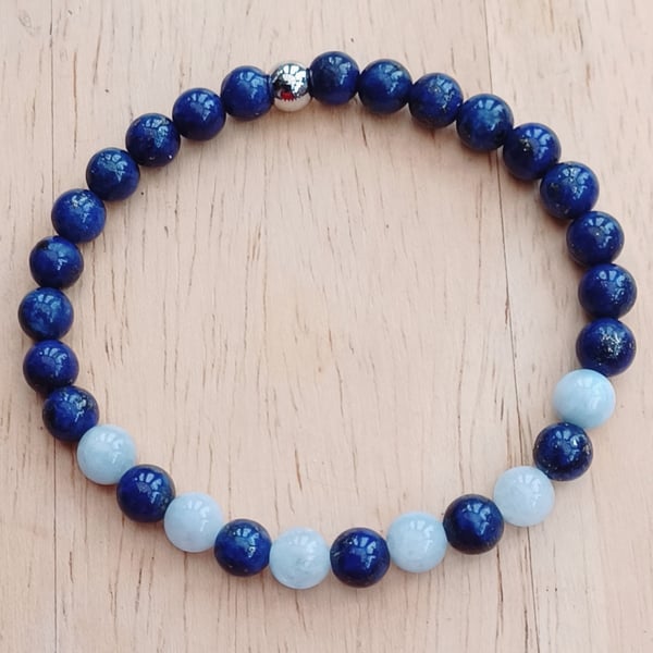 6mm Lapis Lazuli & Blue Lace Agate Beaded Stretch Bracelet, Taurus Birthstone