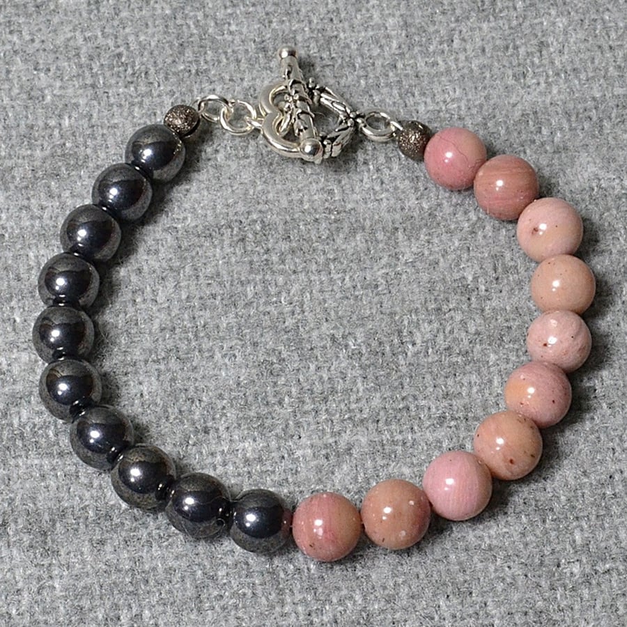 Hematite-Effect Glass & Pink Stone Bead Half and Half Bracelet
