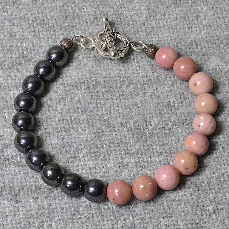 Hematite-Effect Glass & Pink Stone Bead Half and Half Bracelet