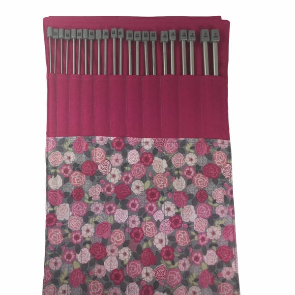 Full set of metal knitting needles in a case with pink floral rose print, straig