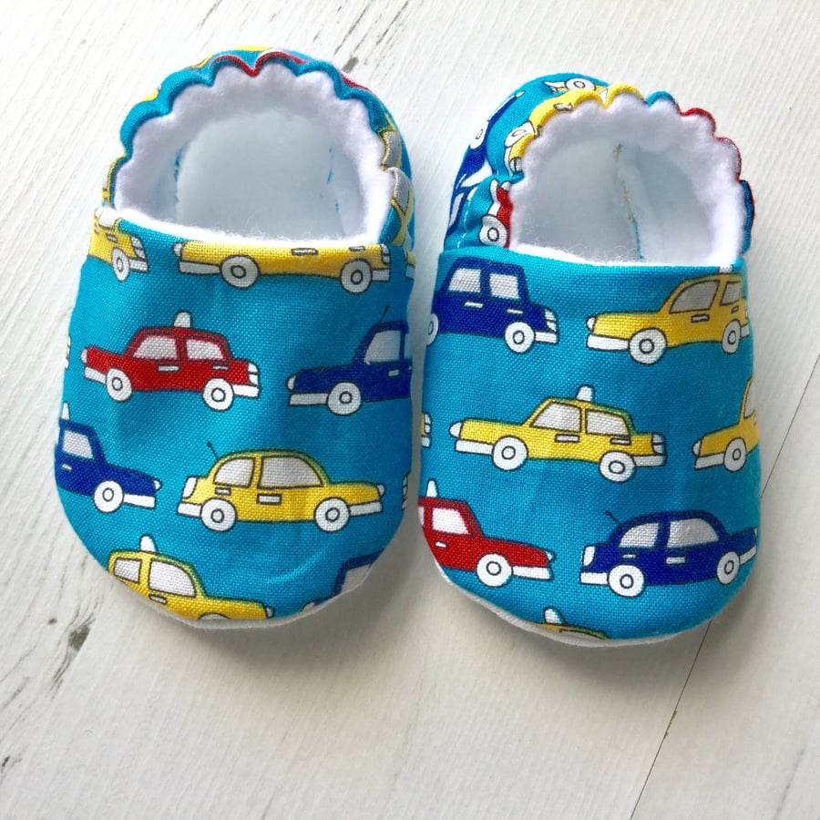 BELLAOSKI Handmade Multi CARS on blue Slippers Pram Shoes Baby GIFT Size 3-6m