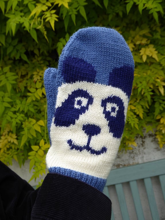 Panda Mittens knitted in blue and cream merino wool