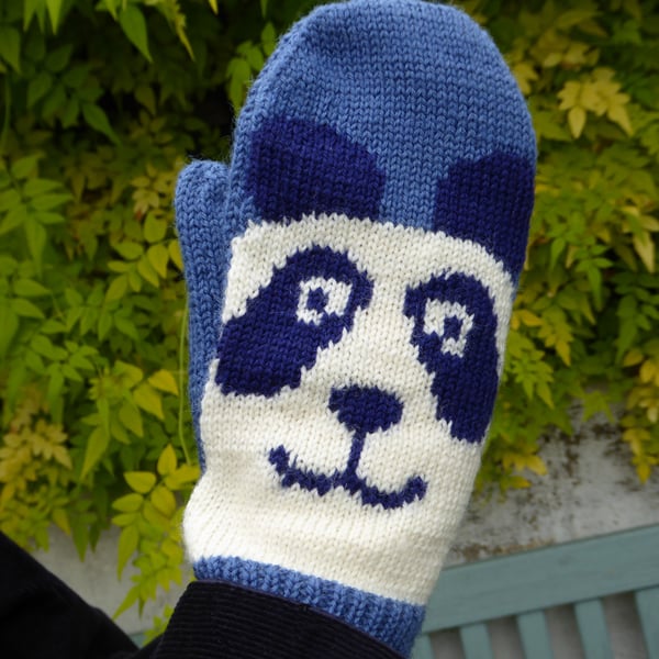 Wool Knit Mittens with a fun Panda Face in blue