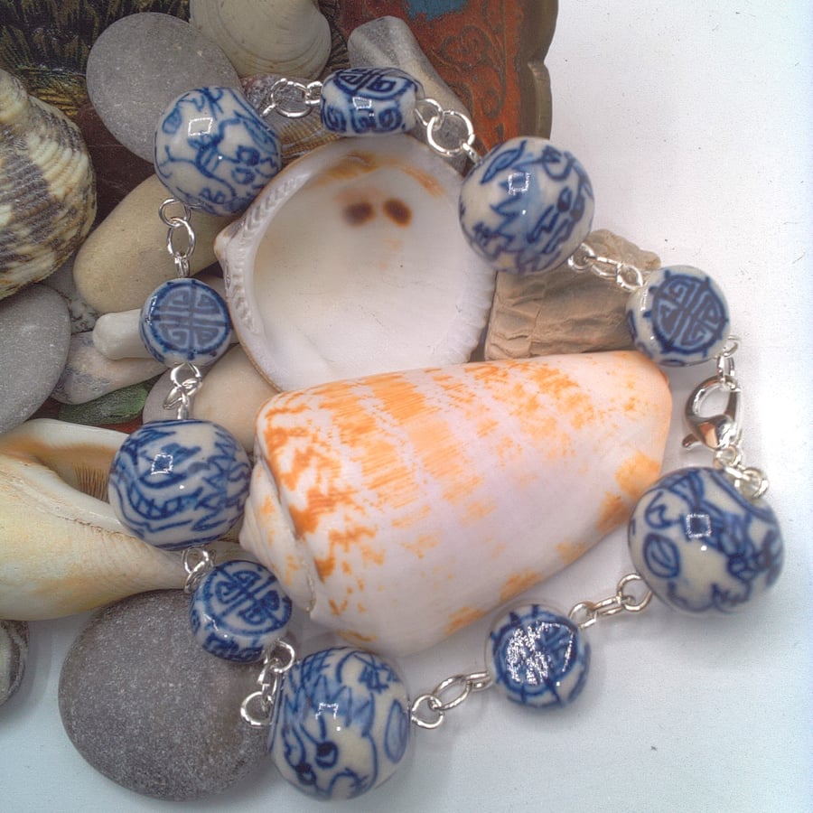 Blue Patterned White Ceramic Bead Bracelet and Earrings, Gift for Her