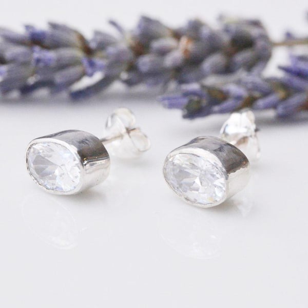 Oval stud earrings - sparkly cubic zironia and sterling silver. 