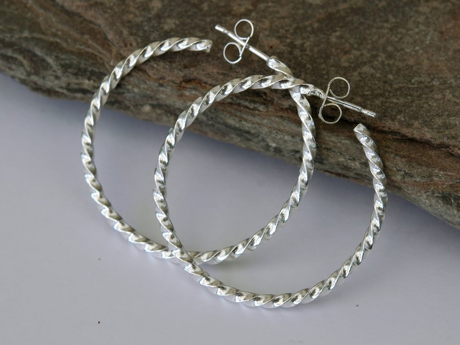 Sterling Silver Twisted Hoop Stud Earrings,  E122