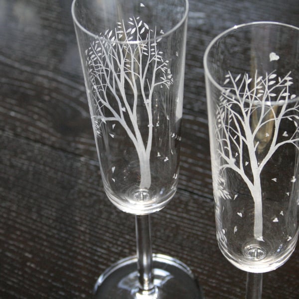 Hand Engraved 'Heart Confetti Tree' Champagne Flutes