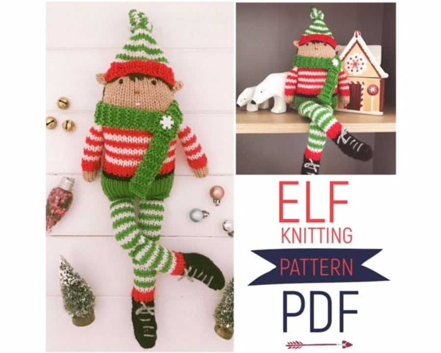 Digital PDF Knitting Pattern to make Hand Knitted Toy Christmas Elf Doll 'Elden'