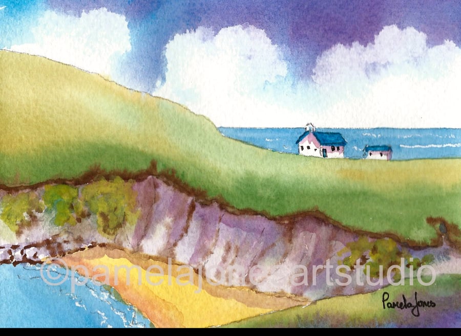 Mwnt Beach,Mwnt Church, Cardigan Bay, Wales, Watercolour Print in 9 x 7 '' Mount