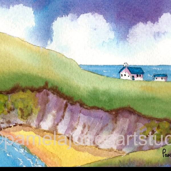 Mwnt Beach,Mwnt Church, Cardigan Bay, Wales, Watercolour Print in 9 x 7 '' Mount