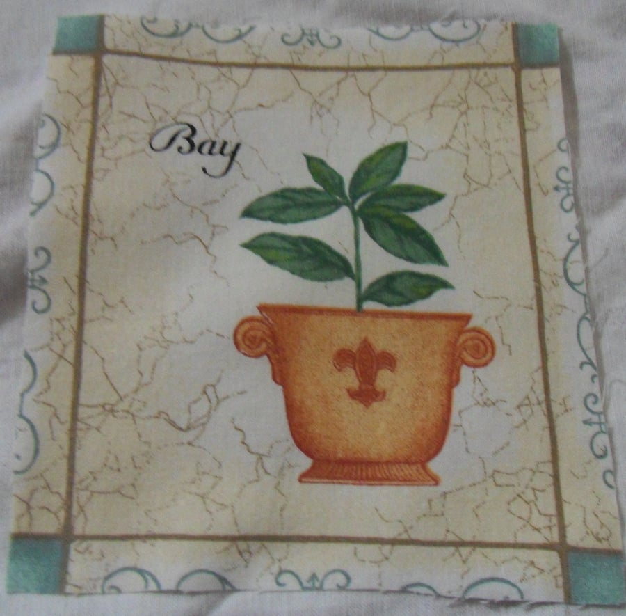 100% cotton fabric.  Bay leaves.  Sold separately, postage .62p for many