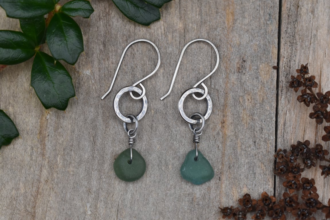 Scottish Sea Glass and Recycled Sterling Silver Earrings, Teal Green