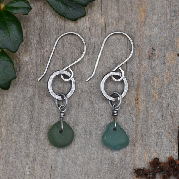 Scottish Sea Glass and Recycled Sterling Silver Earrings, Teal Green