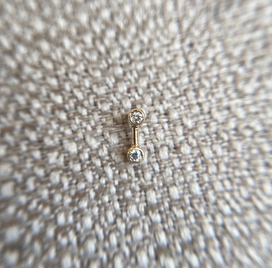 Delicate single ear bar stud with natural genuine micro diamonds in solid gold