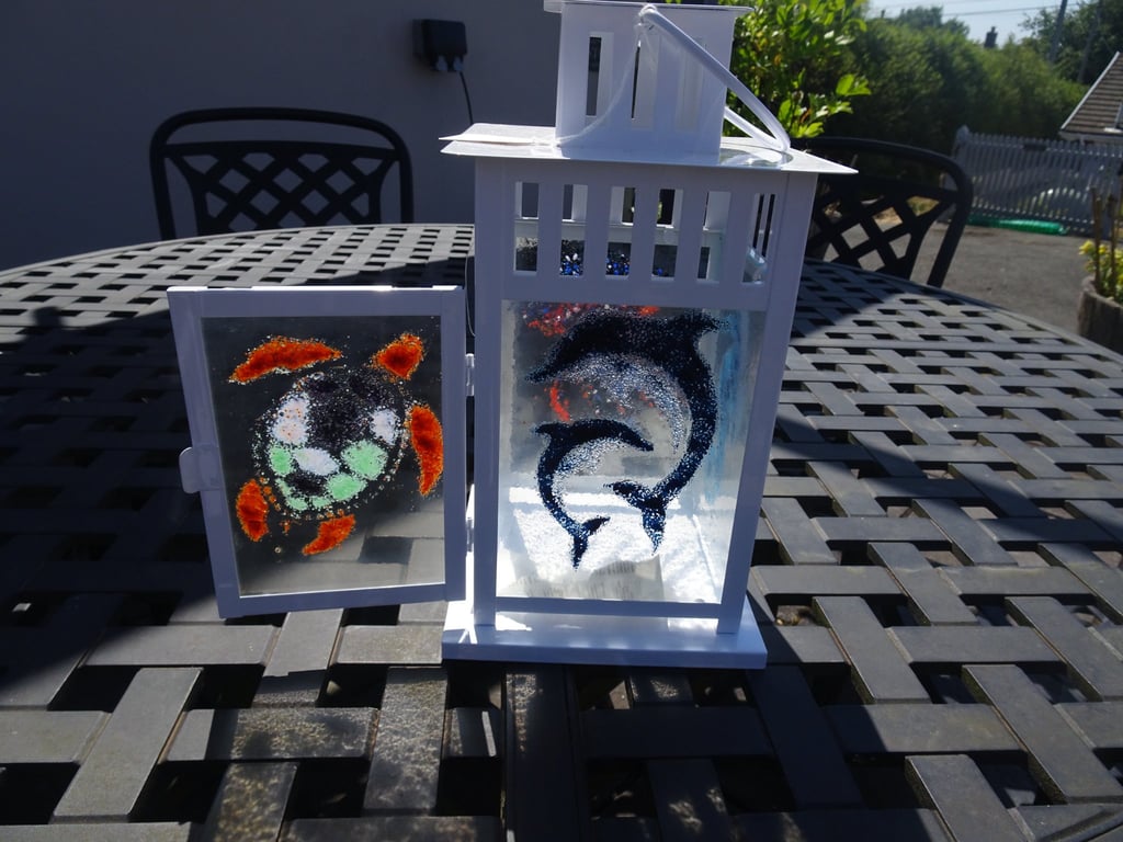 Large Fused glass lantern. Dolphins, Turtle, Seahorse and Jelly Fish 14 " high