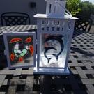 Large Fused glass lantern. Dolphins, Turtle, Seahorse and Jelly Fish 14 " high