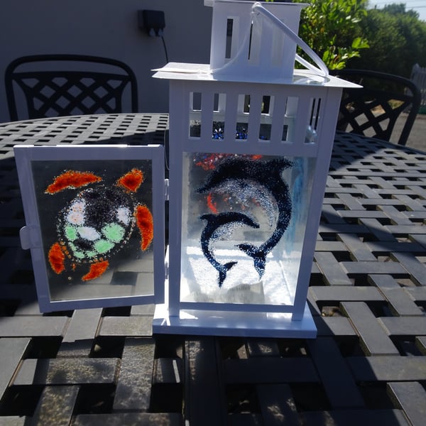 Large Fused glass lantern. Dolphins, Turtle, Seahorse and Jelly Fish 14 " high