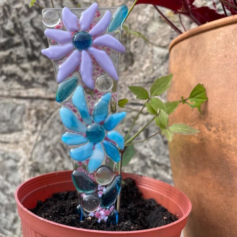 Blues and lilacs fused glass plant stake 