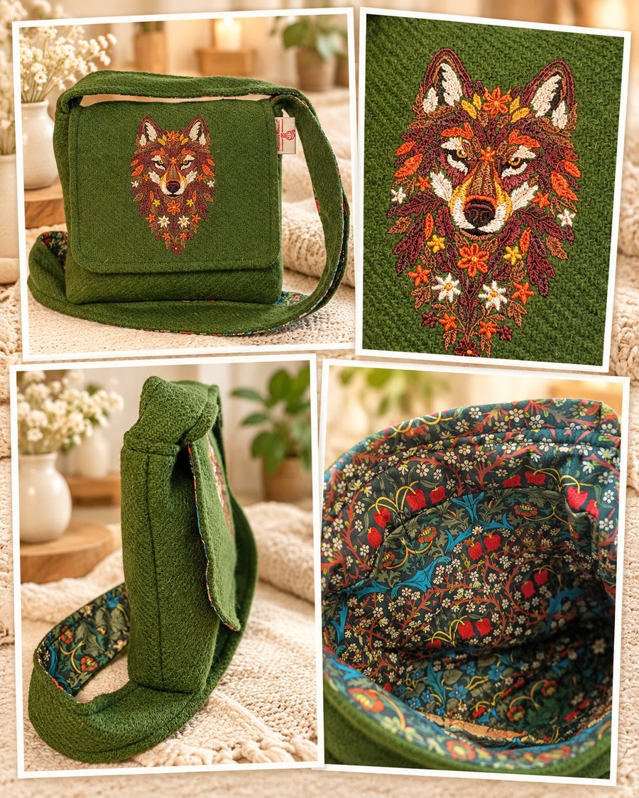 Harris Tweed crossbody bag with Wolf