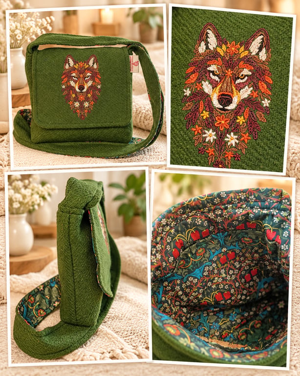 Harris Tweed crossbody bag with Wolf