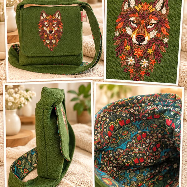 Harris Tweed crossbody bag with Wolf
