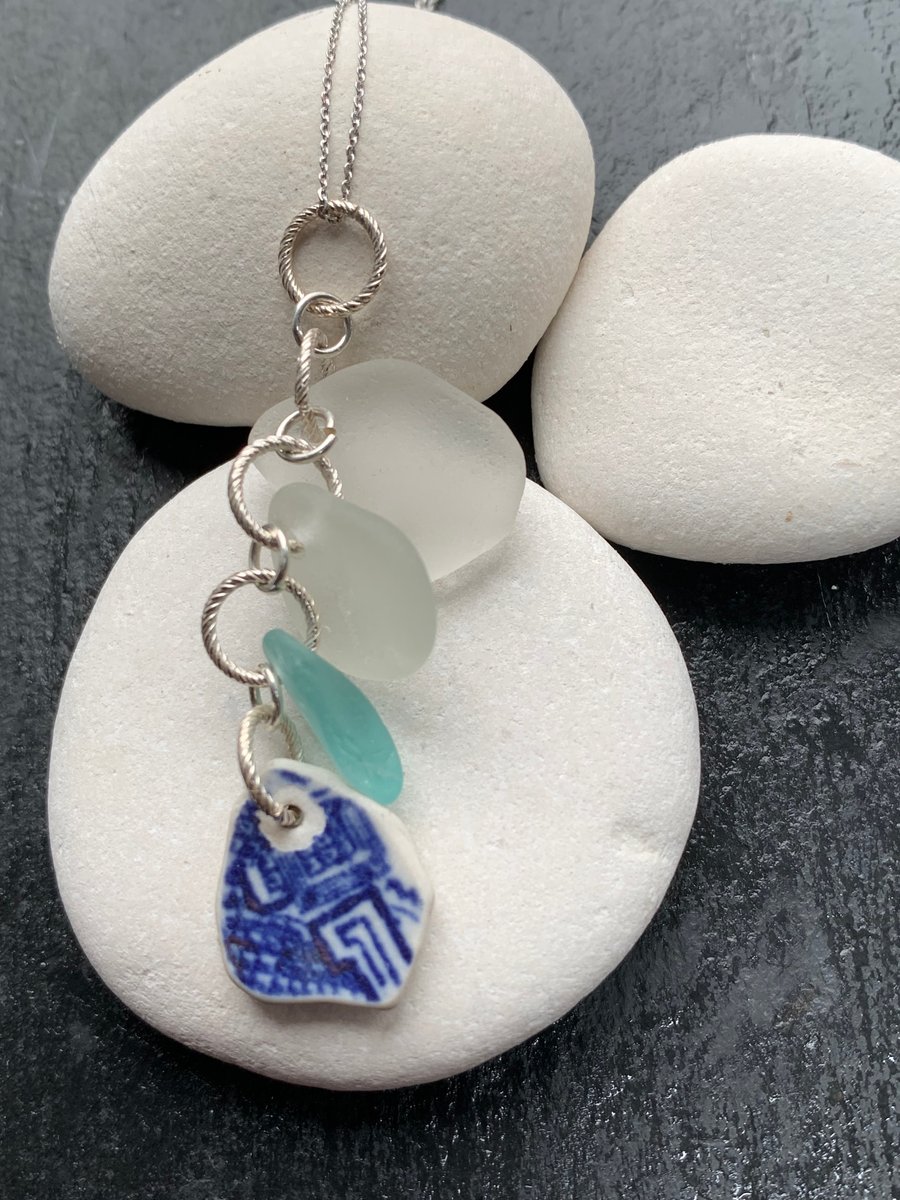 Seaglass & seapottery Sterling silver cascade pendant