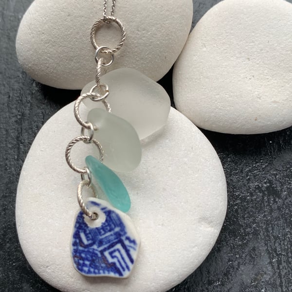 Seaglass & seapottery Sterling silver cascade pendant