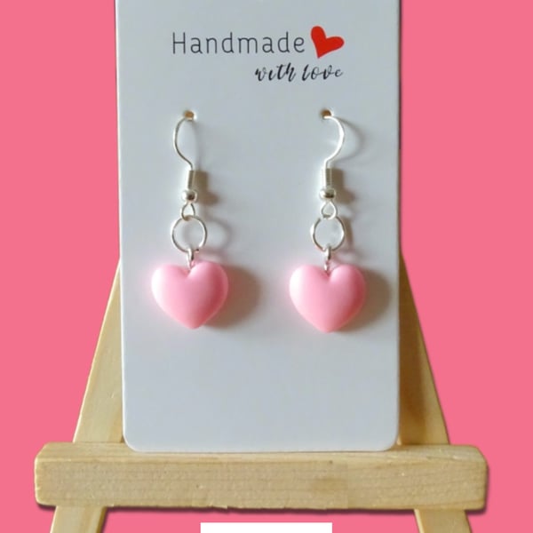 Cute Baby Pink Heart Earrings 925 Silver Hooks, Bright Fun Jewellery, Festivals