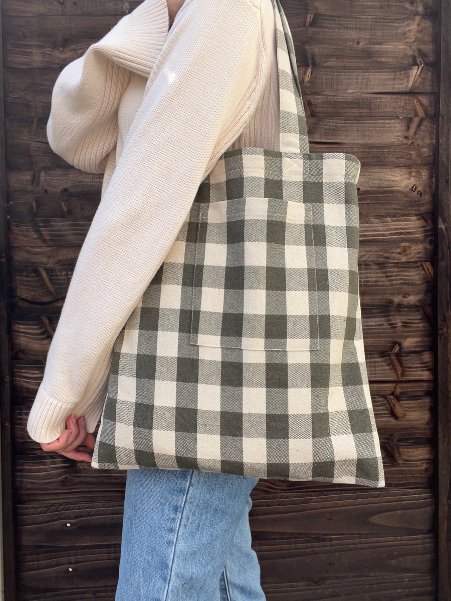 Khaki Green Gingham Cotton Tote Bag