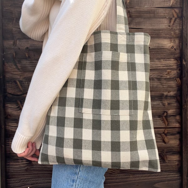Khaki Green Gingham Cotton Tote Bag