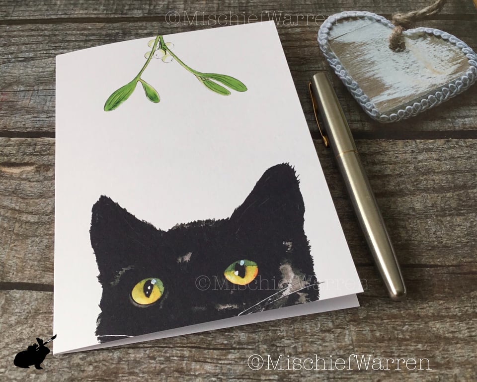 Black Cat Christmas Card. Cat handmade Christmas card.