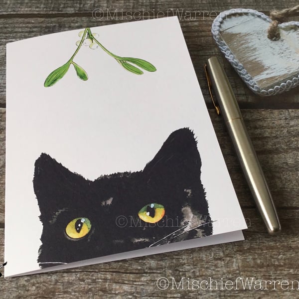 Black Cat Christmas Card. Cat handmade Christmas card.