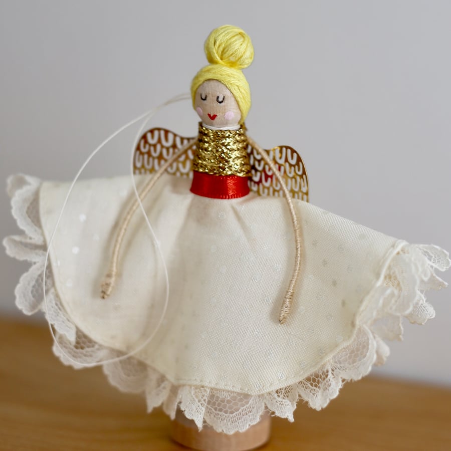'Cream dot fabric & gold ribbon' Handmade Peg Doll (blonde hair)