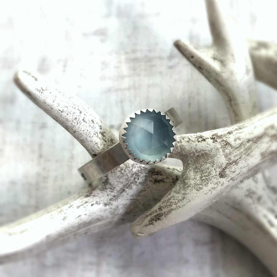 Aqua Chalcedony Wild and Free Stamped Quote Phrase Ring Band Sterling Silver 
