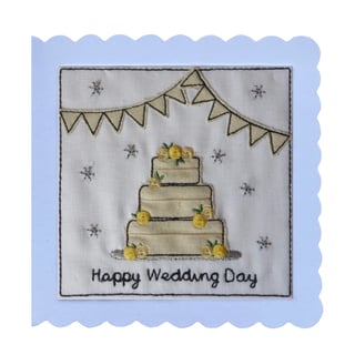 Happy Wedding Day Card, Textile wedding Card, Embroidered wedding cake card