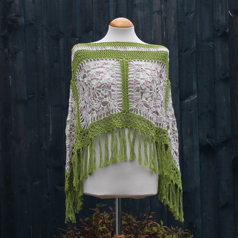 Apple Green & Marble Crochet Poncho - Design A452