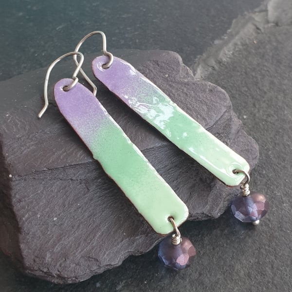 Lilac and aqua enamel earrings, Long rectangles