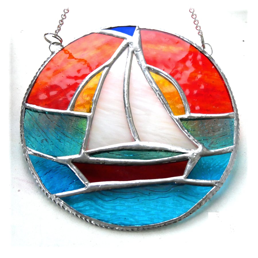 Sailboat Sunset Stained Glass Suncatcher Handmade Ring 029