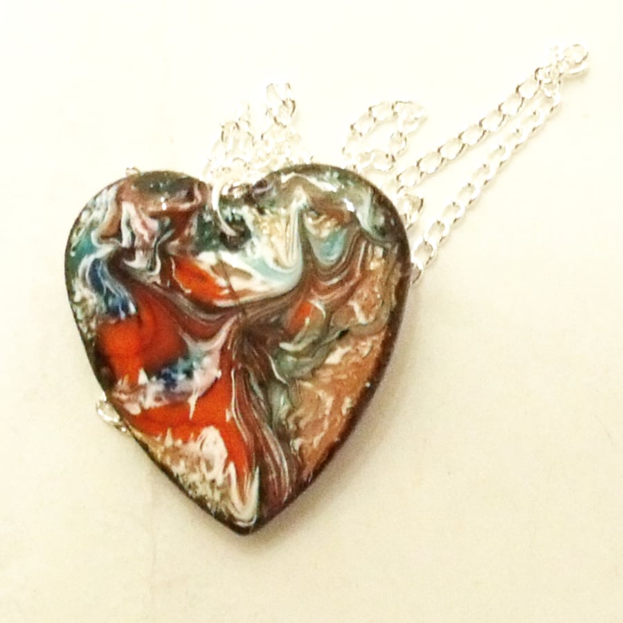 enamelled pendant - heart: scrolled red, white, green, golden-brown