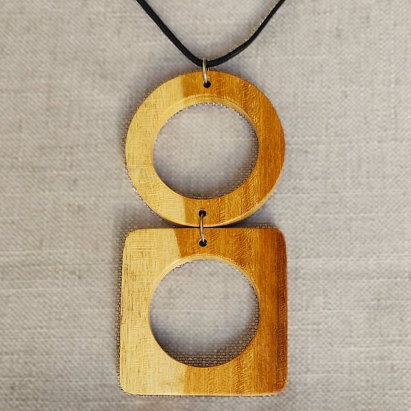 Upcycled wood jewellery, wood & leather pendant, geometric wooden necklace