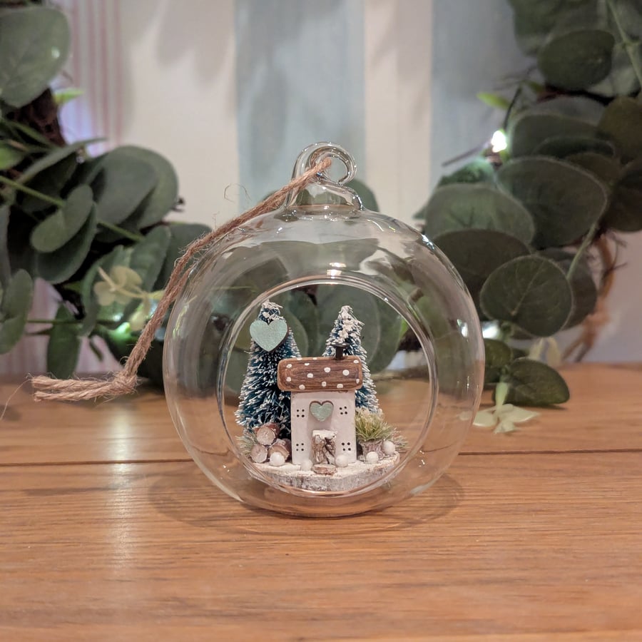 Glass Bauble Christmas Decoration with Cottage Scene
