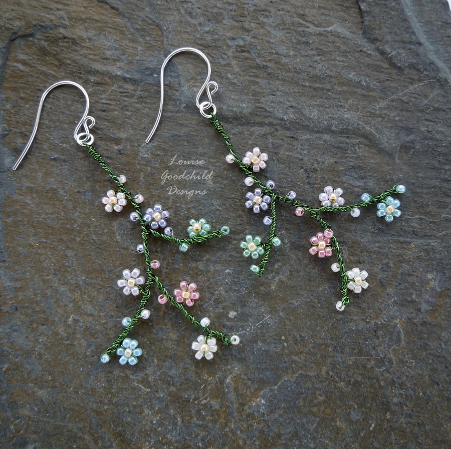 Pastel rainbow flower earrings, blossom earrings, sterling silver, wire wrapped